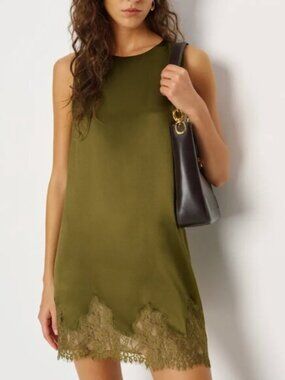 Reformation Jessalyn Silk Mini Dress Small Olive Lace French Causal Cocktail